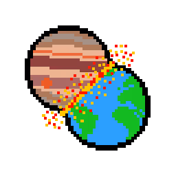 The logo of Planet Clash. A pixel art of Earth and another planet colliding.